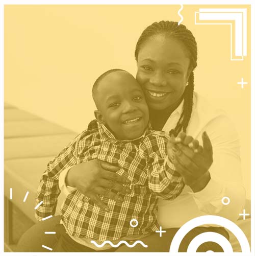 A mother and child posing while smiling for a picture behind a yellow filter with Easter Seals Branding.