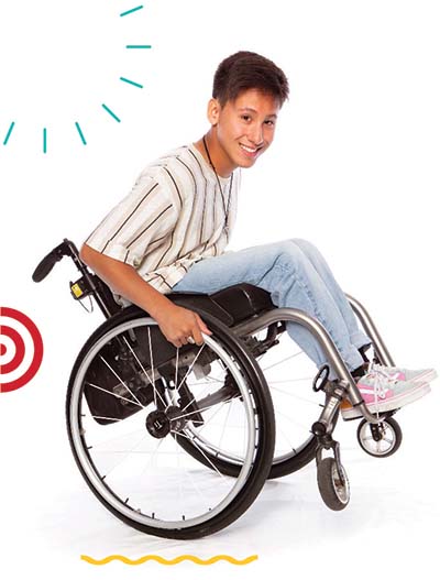 A kid in a wheelchair doing a wheelie with Easter Seals Branding around him.