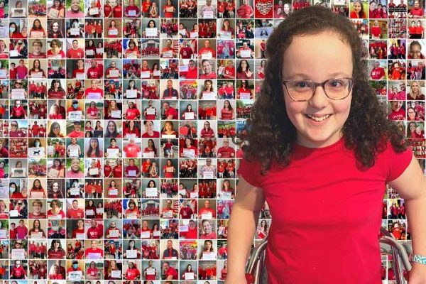 A child wearing a red shirt in front of a collage of pictures of people wearing red shirts.